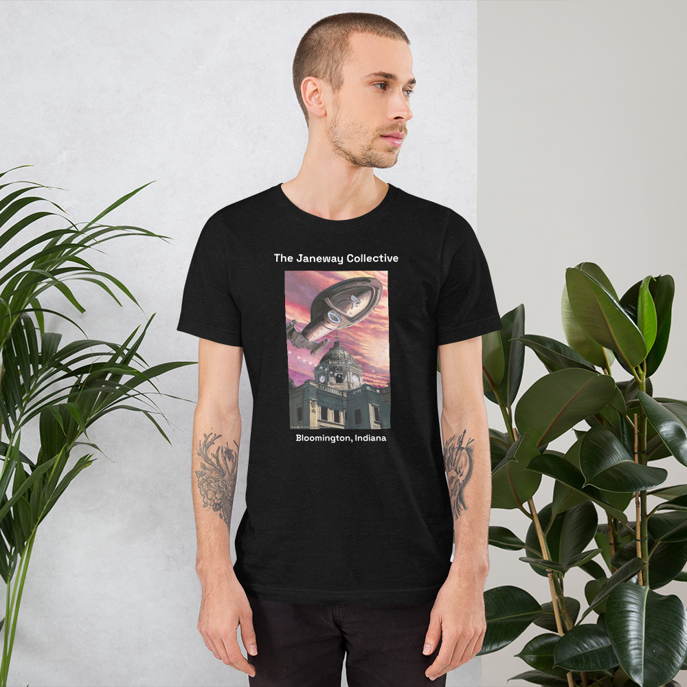 Short-Sleeve Unisex T-Shirt: J.K. Woodward print of the Starship Voyager over the Monroe County courthouse in Bloomington, IN on front