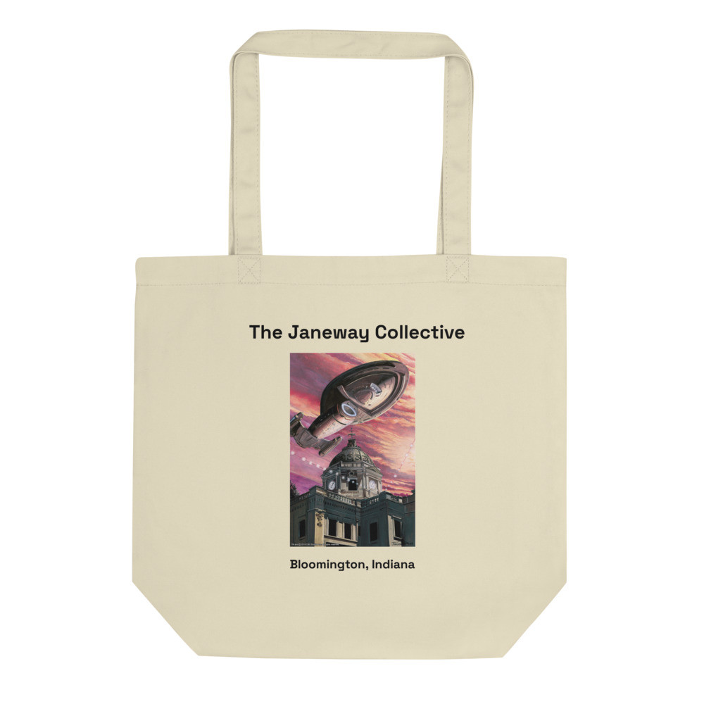 Tote Bag: J.K. Woodward print of the Starship Voyager over the Monroe County courthouse in Bloomington, IN. 
