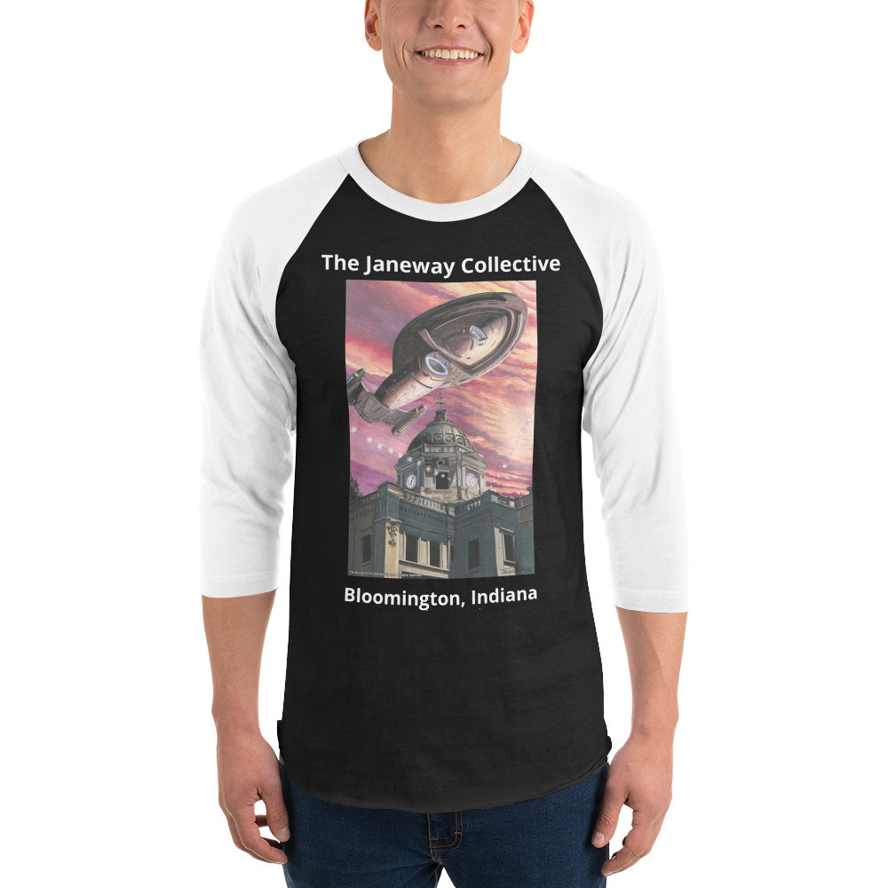 3/4 sleeve raglan shirt featuring the J.K. Woodward print of the Starship Voyager over the Monroe County courthouse in Bloomington, IN.