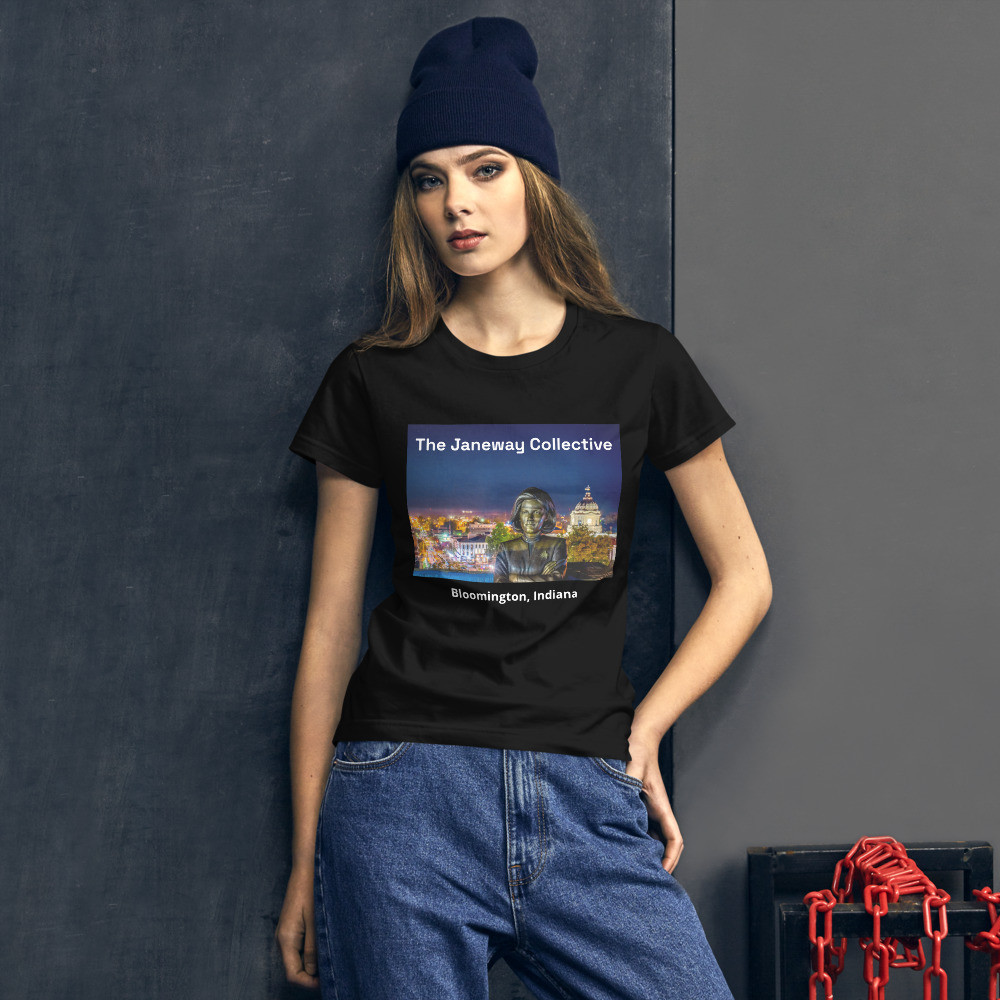 Women's short sleeve t-shirt with Janeway and Downtown Bloomington