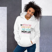 Unisex Hoodie messy bun yoga pants and coffee Mom Life Once In A Blue Moon Boutique