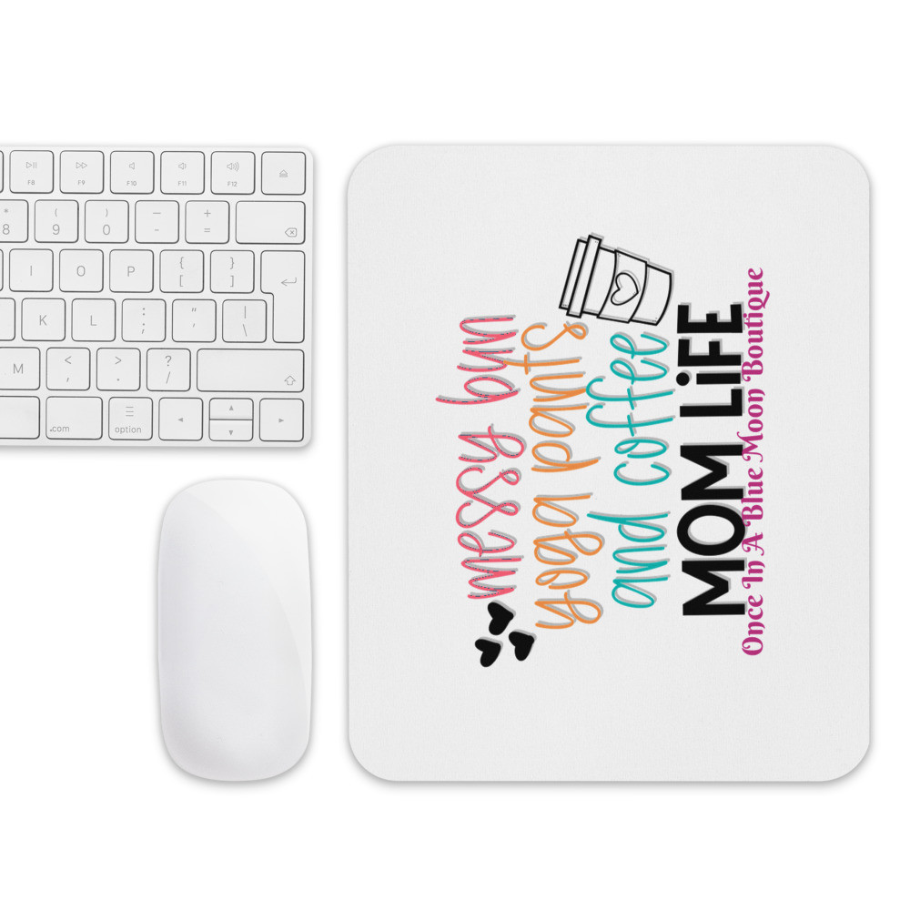 Mouse pad messy bun yoga pants and coffee