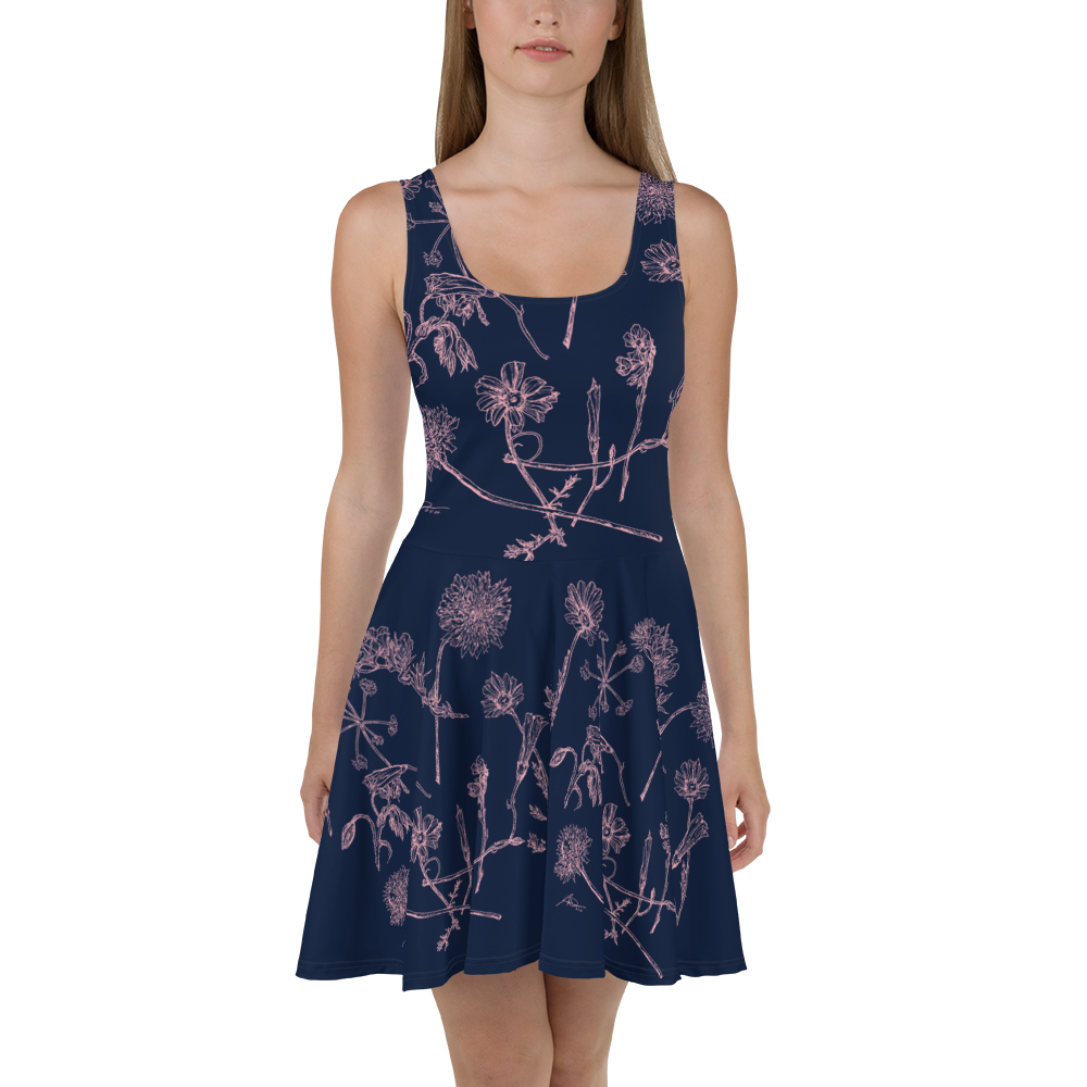Pink Wildflowers - Blue Skater Dress