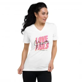 "Love Never Fails" Short Sleeve V-Neck T-Shirt for Women