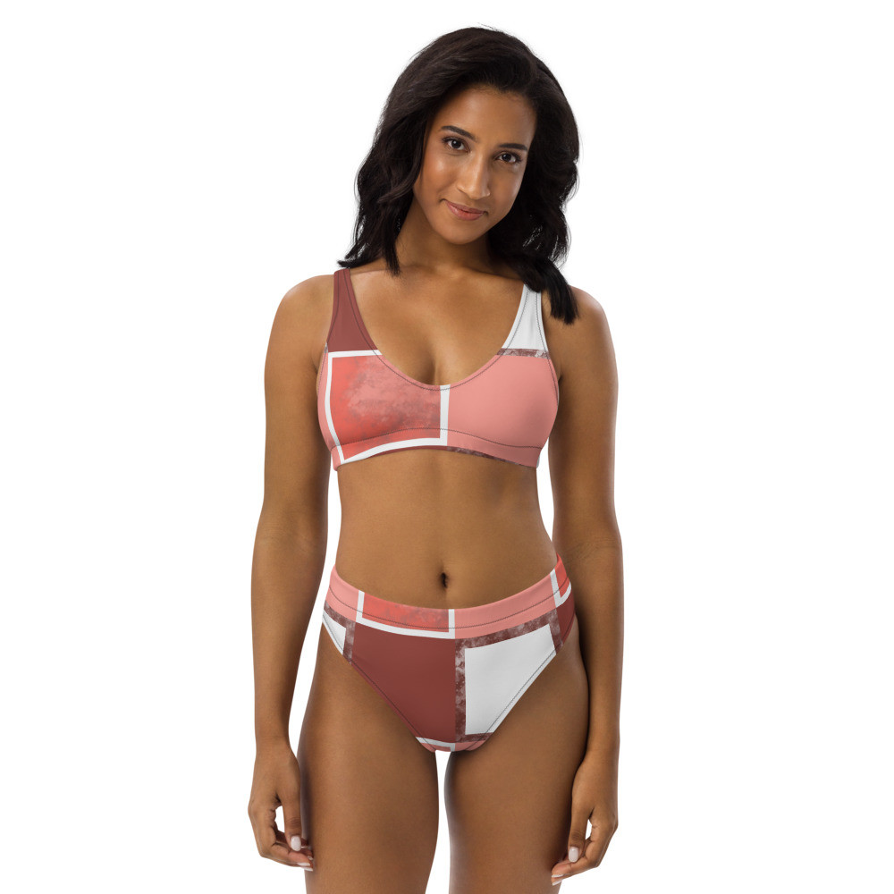 Abstract Red Brick Recycled Hhigh-waisted Bikini