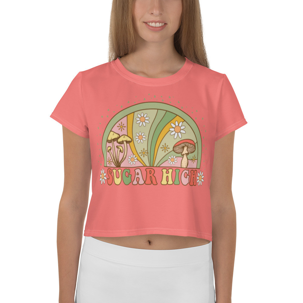Vintage Summer Crop Top, Summer Cropped T-Shirt for Women, Retro Cropped T-Shirt for Women  - SUGAR HIGH TEE (SALMON)