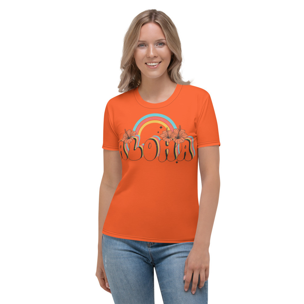 Aloha T-shirt, Summer Aloha T-shirt, Floral Rainbow T-shirt, Aloha Shirts for Women - ALOHA TEE (OUTRAGEOUS ORANGE))