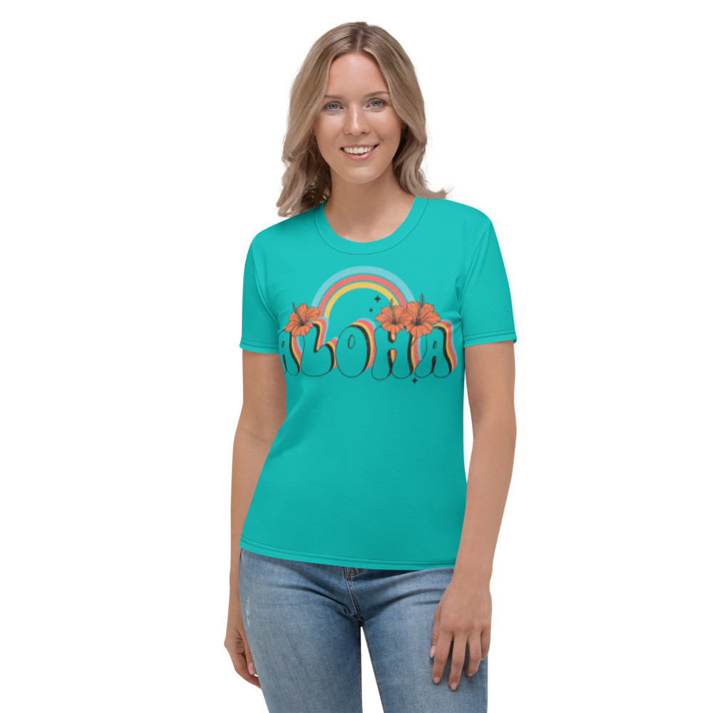 Aloha T-shirt, Summer Aloha T-shirt, Floral Rainbow T-shirt, Aloha Shirts for Women - ALOHA TEE (IRIS BLUE)
