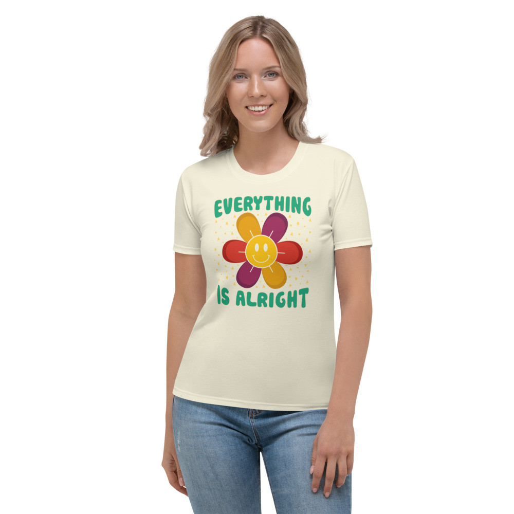 Graphic Summer T-shirts for Her, Inspirational Summer T-shirt, Retro Summer T-shirts for Her - EVERYTHING IS ALRIGHT TEE - (APRICOT WHITE)