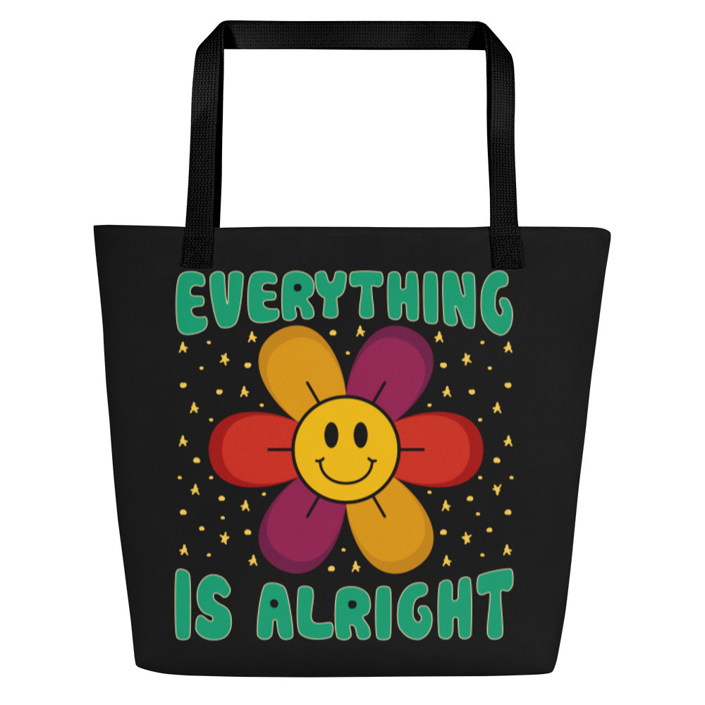 Retro Totes for Women, Summer Beach Bags for Women, Retro Summer Bag -- EVERYTHING IS ALRIGHT TOTE (BLACK)