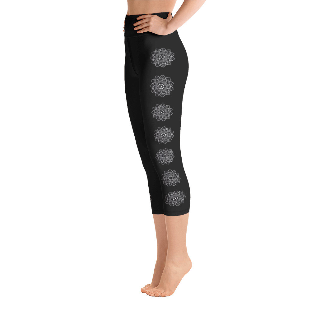 Yoga Capri Leggings for Women, High Waist Yoga Capri - BLACK MANDALA CAPRI