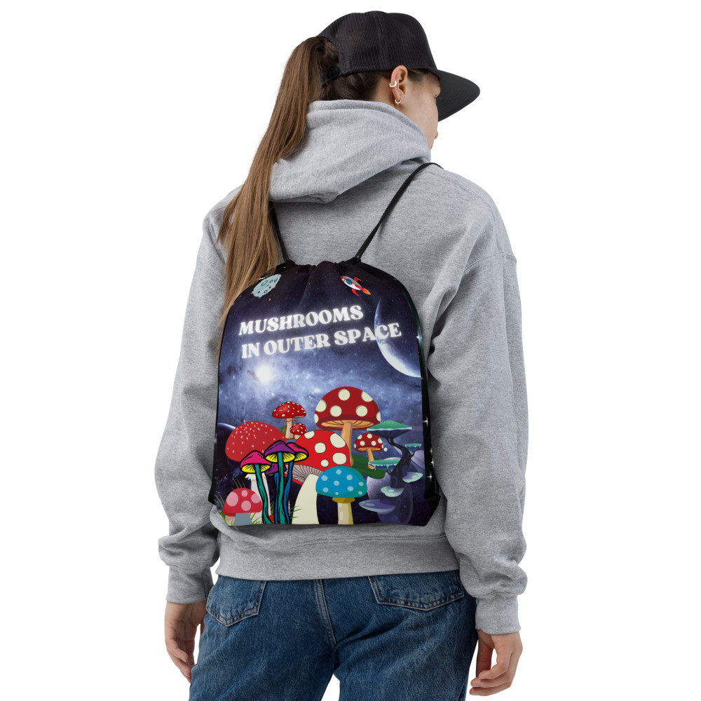 Drawstring Bag for Kids, Drawstring Backpack for Kids, Kids Drawstring Beach Bag - MUSHROOMS IN OUTER SPACE SAC BAG