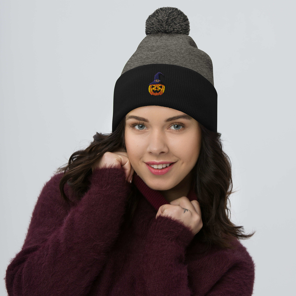 Halloween Pumpkin Pom-Pom Beanie